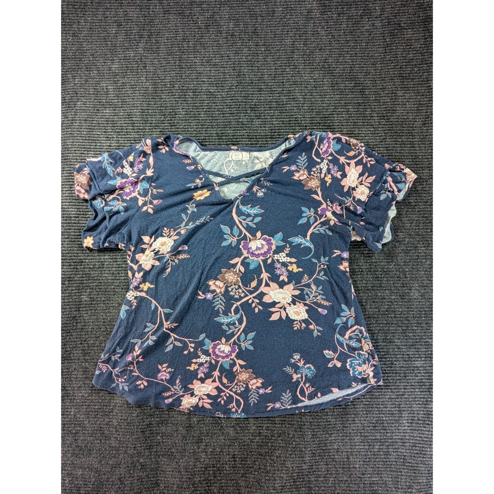 24/7 Maurices Blouse Top Womens XXL Blue Floral V Neck Short Sleeve Pullover